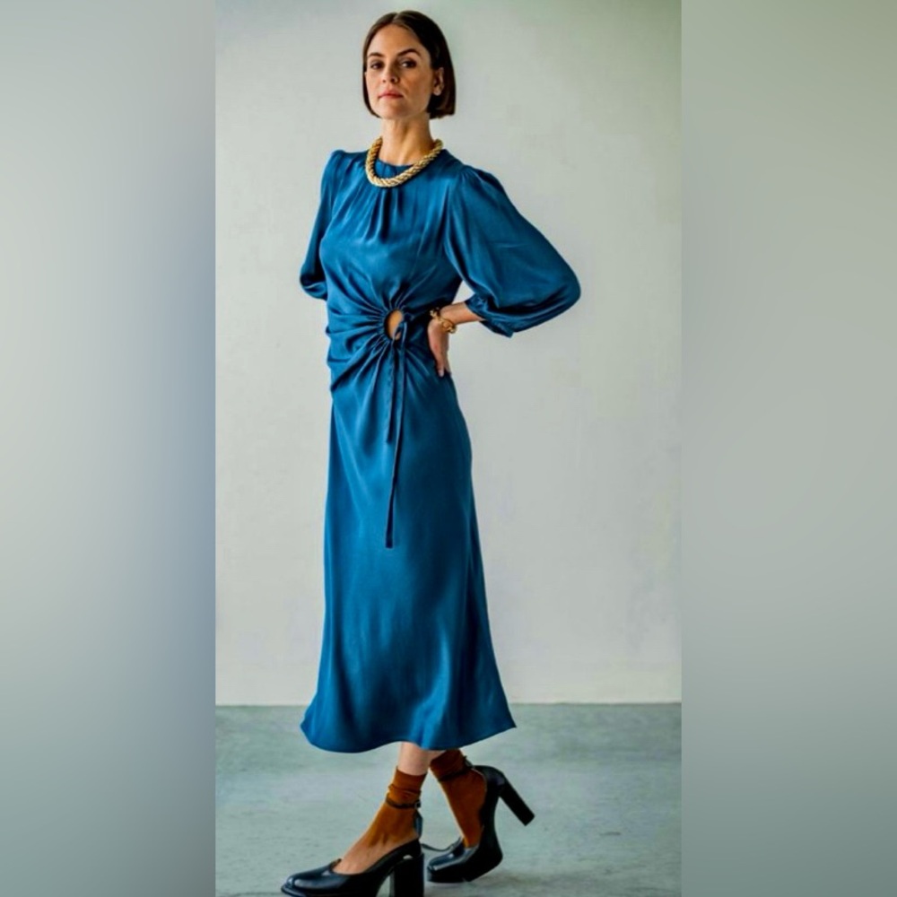 PrettyGarden Satin Maxi Puff Sleeve Long A Line Dress M